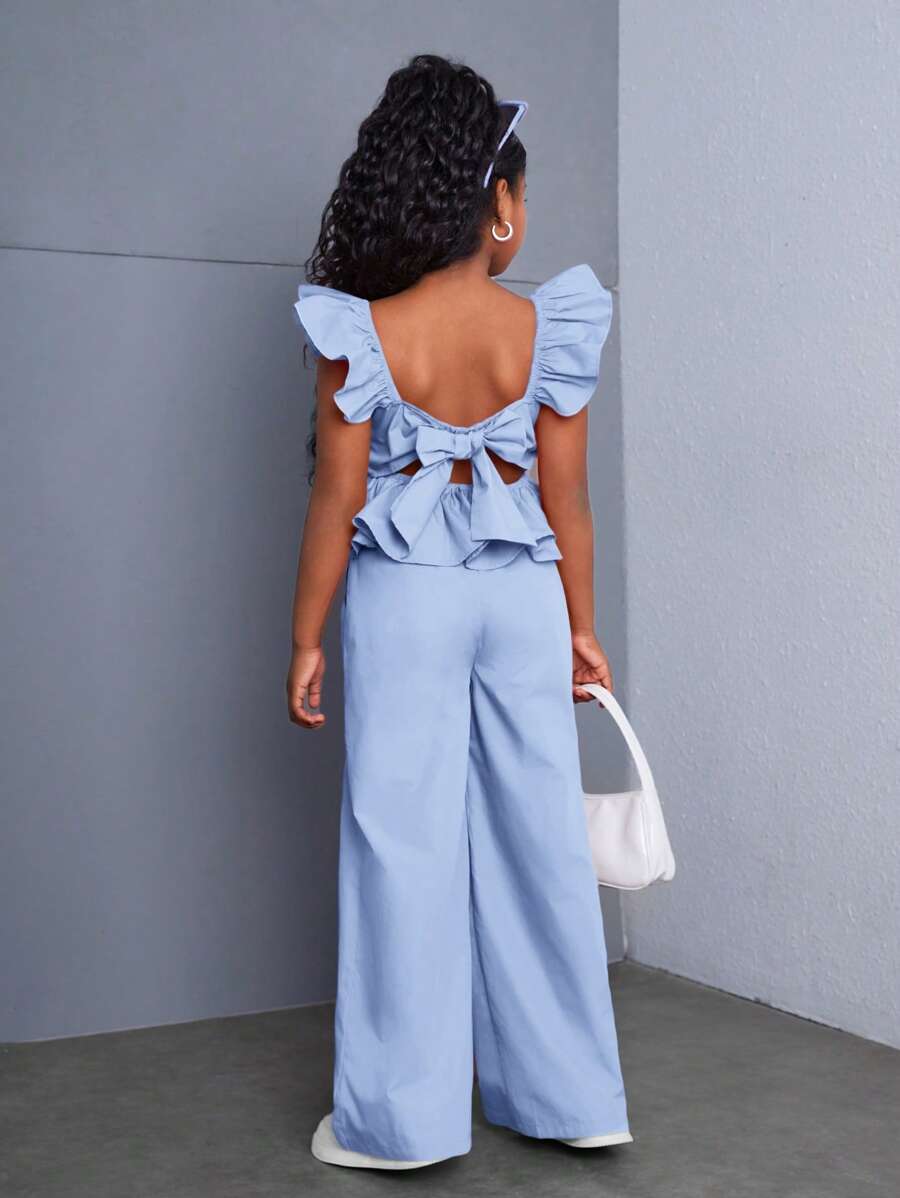 SHEIN Tween Girl 优雅编织纯色盖袖衬衫和长裤套装，休闲装 - 藍色 - 查看 1