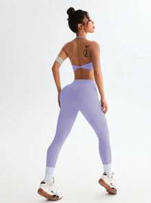 Easithlete Women Solid Color Cropped Tank Top And Leggings Sports Suit - Purple - View 2