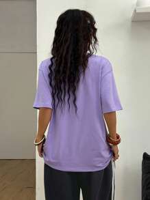 Coolane Women's Purple Knitted Casual T-Shirt With Round Neck And Half Sleeves And Abstract Graphic Print - Purple - View 2