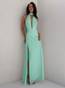 Aloruh 女式深 V 领露背高低长款雪纺连衣裙，配有腰带，适合婚礼、派对、节日、春夏季