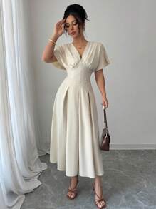 Gloray Women's Deep V-Neck Ruched Elegant Mid-Length Dress - Khaki - View 4