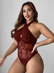 Maweii 大码女装春夏新年酒红色蕾丝镂空弹力休闲法式年轻时尚针织弹力百搭舒适叠穿上衣，适合年轻性感女性参加派对、社交场合，连体衣，紧身胸衣，优雅性感拼接透视露肩修身纯红色连体衣，派对 - 酒紅色 - 查看 4