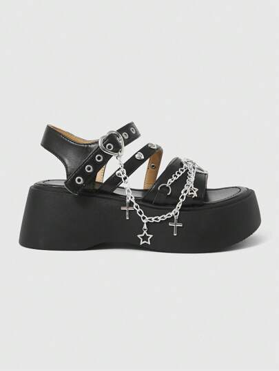 Grunge Punk Sandalias romanas huecas de mujer con decoración de cadena con hebilla con forma de corazón, diseño de plataforma de 6.5 cm, PU negro, de moda para fiesta, citas y uso diario