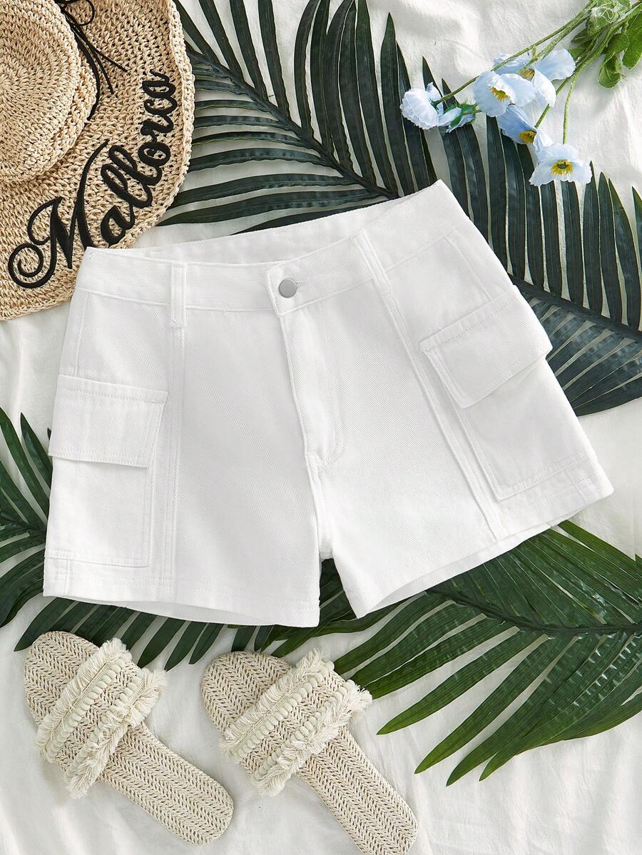 SHEIN Essnce Women's Solid Color Cargo Pocket Casual Versatile Denim Shorts - White - View 1