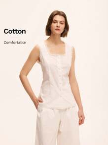 Chiquease Women's Spring & Summer Linen Bamboo Joint Sleeveless Lace Patchwork Button Front Casual Shirt - White - View 1
