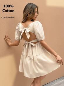 SHEIN Frenchy Vestido mini con mangas cortas abombadas, cuello cuadrado hueco anudado y unicolor para mujeres