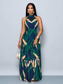 SOLERSUN 女士时尚全身印花露背飘逸长裙，配腰带，适合度假（随机花卉图案） - 墨綠色 - 查看 4
