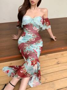 DAZY Vestido de sirena con bajo con volantes, hombros descubiertos, ajustado y calado de encaje, estampado artístico vintage con estampado de flores diminutas en gasa, con chal y volantes