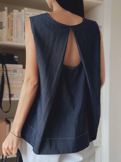 Dazy-Less 夏季亚麻纯色简约牛仔效果装饰艺术休闲度假无袖衬衫女士商务休闲女装