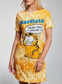 GARFIELD | SHEIN 女士卡通字母印花夏季迷你连衣裙 - 黃色 - 查看 4