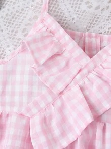 SHEIN Vintaside Kids 2pcs Girls Casual Outfit: Ruffle Strap Top In Pink & Distressed Denim Shorts In Blue With Plaid Belt, Stylish & Versatile For Everyday Wear Summer Holiday - Multicolor - View 4