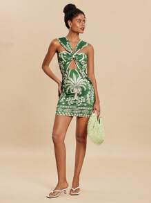 Travachic Damen Cut Out Volldruck Schlank Passend Urlaubs Lässig Mini Kleid