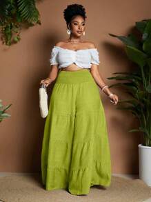 Maweii Plus Size Women Solid Color Waist Drawstring Wide Leg Pants For Vacation Fall Cloth For Women - Green - View 5