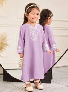 SHEIN 女宝宝宽松休闲简约长袖图案长裙 - 淡紫色 - 查看 4