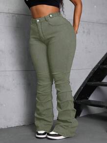 SHEIN SXY Plus Size Women Denim Elastic Retro Side Pleated Flare Pants, Slimming  Summer Outfits For Women Festival Outfits