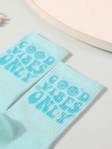 Mierfa 1 Pair Blue Letter Jacquard Pattern Women Mid-Calf Socks, Summer - Mint Green - View 4
