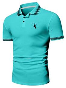 Manfinity Homme 男士几何印花短袖 Polo 衫，休闲夏季 - 水鴨藍 - 查看 4