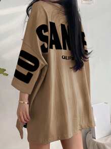 DAZY Camiseta holgada con cuello redondo, hombros caídos y estampado de letras para mujer