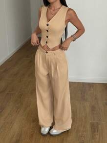 SHEIN Unity 女士纯色条纹背心和长裤套装 - 卡其色 - 查看 6