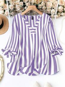 SHEIN LUNE Plus Size Striped Button-Down Shirt, Fashionable For Summer - Purple - View 1