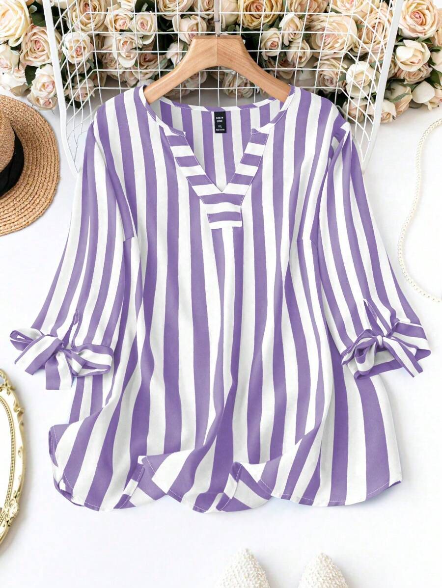 SHEIN LUNE Plus Size Striped Button-Down Shirt, Fashionable For Summer - Purple - View 1