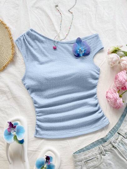 Soleia 芥末黄花卉 3D 印花不对称领口短款修身上衣，适合夏季音乐节度假