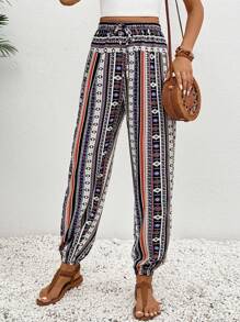 SHEIN LUNE Geometric Print Drawstring Loose Fit Casual Pants - Mauve Purple - View 3