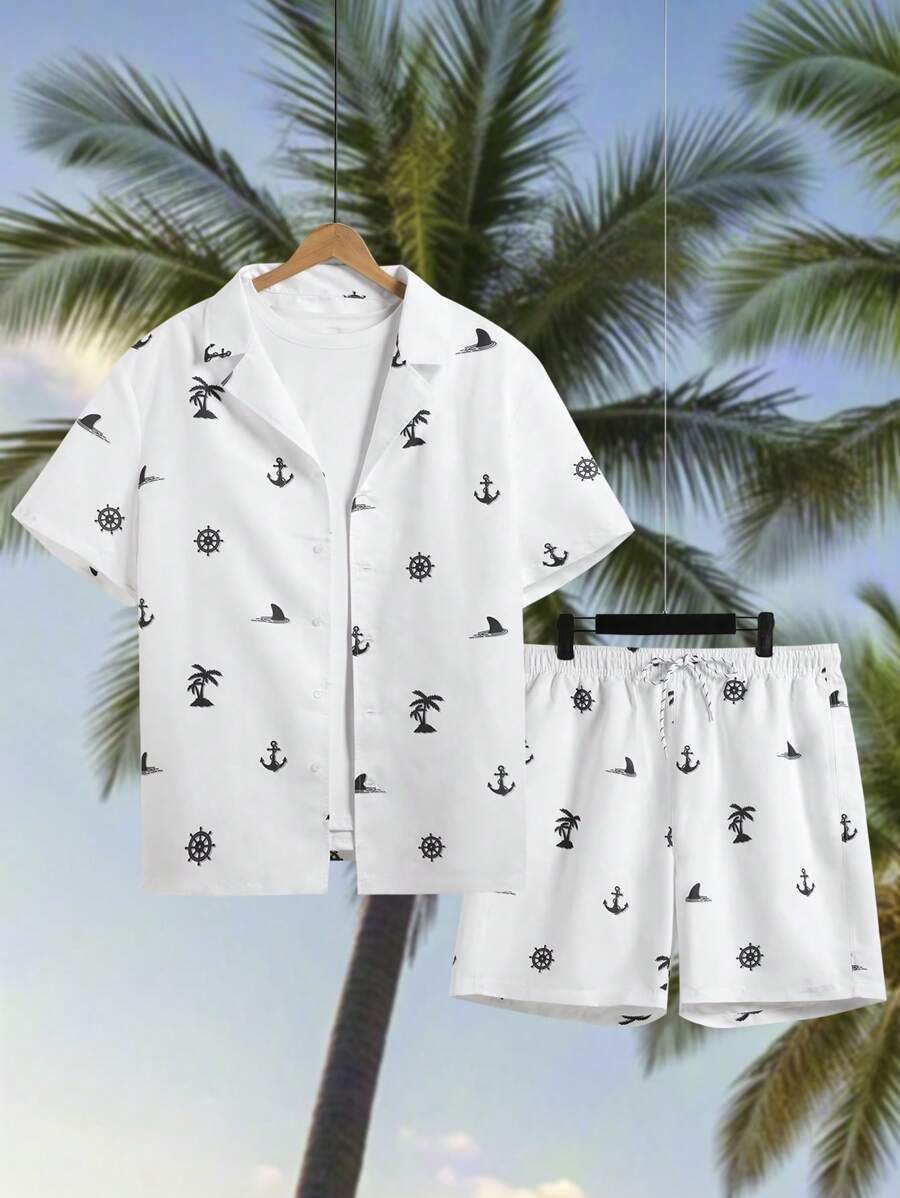 Surfspeed Plus Size Men's Palm Tree Printed Short Sleeve Shirt And Beach Shorts Set - Black and White - View 1