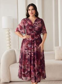 Modelyn Plus Size Women Floral Print Twist Front Short Sleeve Elegant Midi Dress - Red Violet - View 6