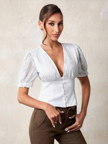 Glamine Top corto con vita arricciata, maniche a sbuffo, in stile jacquard e patchwork, per donne