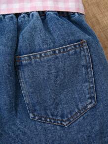 SHEIN Vintaside Kids 2pcs Girls Casual Outfit: Ruffle Strap Top In Pink & Distressed Denim Shorts In Blue With Plaid Belt, Stylish & Versatile For Everyday Wear Summer Holiday - Multicolor - View 8