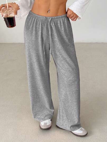 SHEIN PETITE 女士纯色抽绳腰部柔软针织宽松休闲裤，秋冬，宽松裤