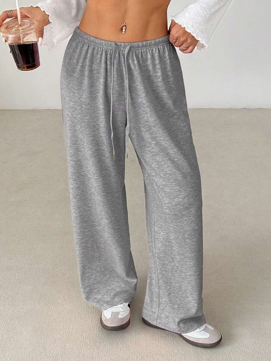 SHEIN PETITE Quần dài thường ngày dệt kim mềm mại, cạp rút màu trơn cho nữ, mùa thu/đông, quần rộng thùng thình - Xám - Xem 1