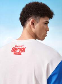 Shark Week X SHEIN Men's Colorblock Letter Print Round Neck Short Sleeve T-Shirt And Striped Print Shorts 2 Pieces Set - Multicolor - View 6