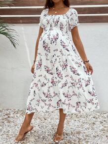 SHEIN Vestido de maternidad de cambio de manga corta con cuello cuadrado y estampado floral, para el verano
