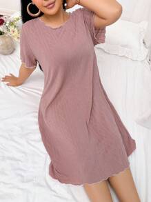 SHEIN 莲藕粉色大码提花针织短袖睡袍 - 藕粉色 - 查看 3