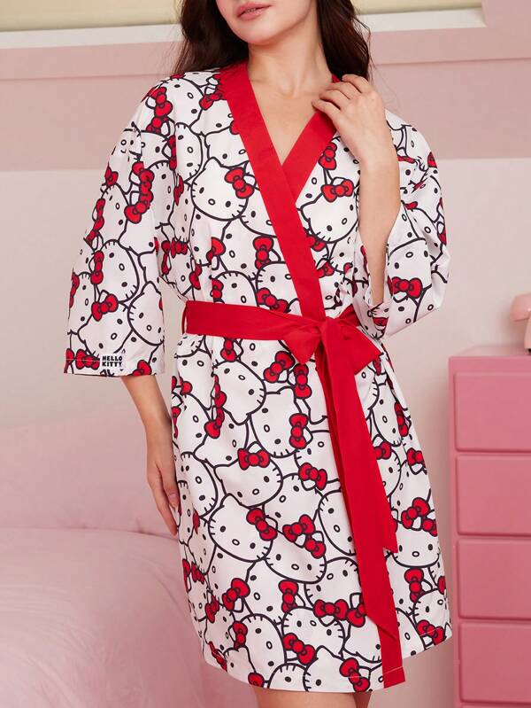 HELLO KITTY AND FRIENDS | SHEIN Women's Red Trim Waist Tie Summer Comfortable Cute Casual Home Cartoon Cat Print Pattern Nightgown Robe