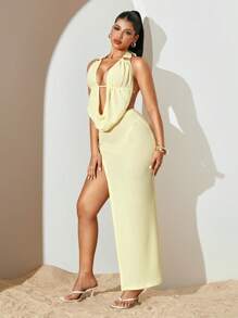 Sirith 2pcs Women Set: Solid Color Halter Top & High Slit Skirt, Fashionable For Summer - Yellow - View 4