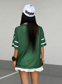 SHEIN Unity 女士数字印花短袖网眼拼色宽松运动 T 恤，春夏图案 T 恤女式上衣 - 綠色 - 查看 2