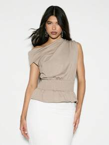 KIZN Asymmetric One Shoulder Smocked Waist Top Elegant Evening Party Blouse Casual Summer Spring Fashion Sleeveless Ruched Design Contemporary Urban Style - Olive Green - View 5