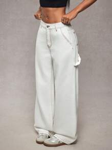 SHEIN ICON White Contrast Stitching Low Waist Utility Pockets Washed Denim Jeans - White - View 4