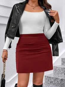 SHEIN Clasi Black Elastic Knit Side Ruched A-Line Plus Size Skirt, Elegant Daily Wear Versatile - Burgundy - View 5