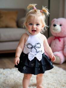 Souflis Souflis Baby Girl Bow Print Halter Top And Multi-Ruffle Edge Skort Fashion Set - Black - View 8
