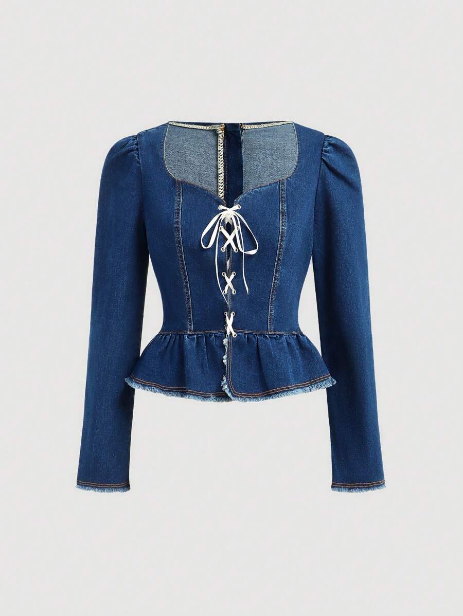 SHEIN MOD Women's Casual Criss-Cross Tie Up Puff Sleeve Denim Jacket - Medium Wash - View 1