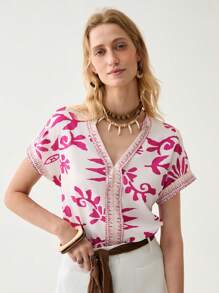 Florisole Women's Stylish Pink Floral Patchwork Shirt, Spring And Summer - Hot Pink - View 1