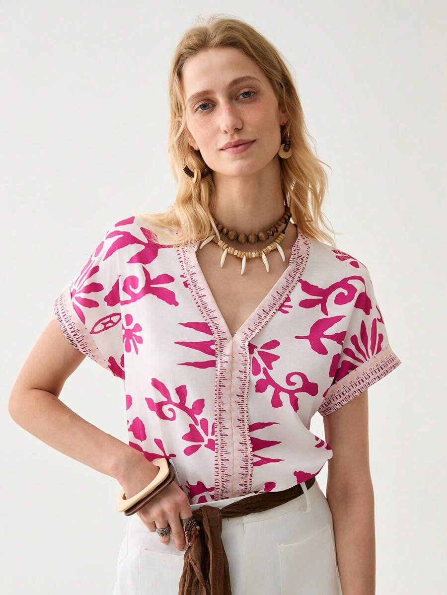 Florisole Women's Stylish Pink Floral Patchwork Shirt, Spring And Summer - Hot Pink - View 1