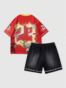 ROMWE MEN Prep 2pcs/Set Men's Y2K Jersey Street Graphic Print Short Sleeve T-Shirts, Suitable For Everyday Wear In Spring/Summer Vacation - Black - View 2