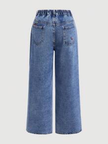 SHEIN MOD Women's Plus Size Dark Wash Denim Extra Long Jeans With Cherry Embroidery And Zipper Detail - Dark Wash - View 2