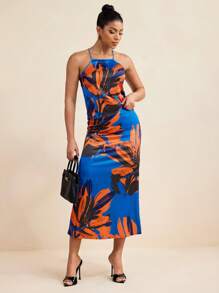 Armand Women Summer Floral Printed Satin High Waist Flared Midi Skirt, Vacation Summer - Blue - View 3