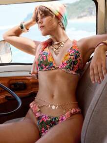 SHEIN Swim 2pcs Sexy Tropical Print Ruched Push-Up Bikini Set With Thick Straps, For Holiday/Vacation For Summer - Multicolor - View 6